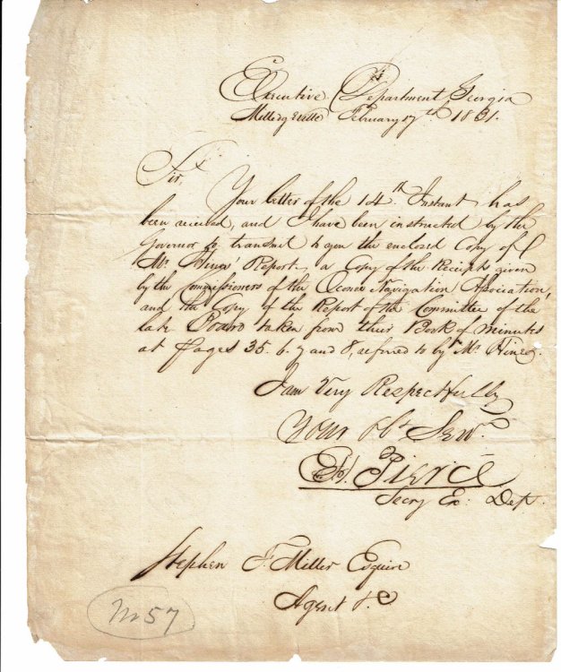 AUTOGRAPH LETTER SIGNED by the Secretary of the Executive Department of Georgia E.H. PIERCE to the author, lawyer & journalist STEPHEN FRANKS MILLER regarding the settlement with the OCONEE NAVIGATION ASSOCIATION.