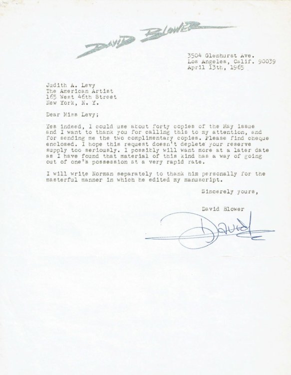 TYPED LETTER TO AMERICAN ARTIST MAGAZINE SIGNED BY CALIFORNIA WATERCOLORIST DAVID BLOWER.