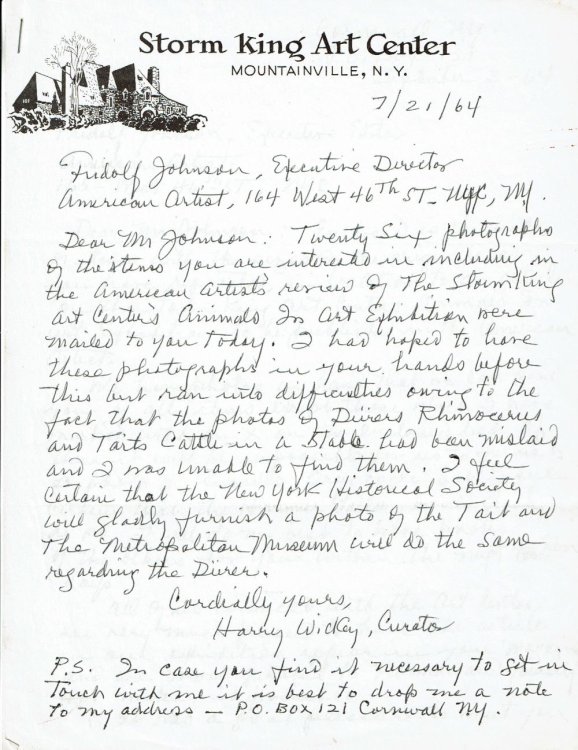3 AUTOGRAPH LETTERS SIGNED by the American painter & Illustrator HARRY WICKEY, including 2 addressed to Fridolf Johnson regarding the Storm King Art Center's 
