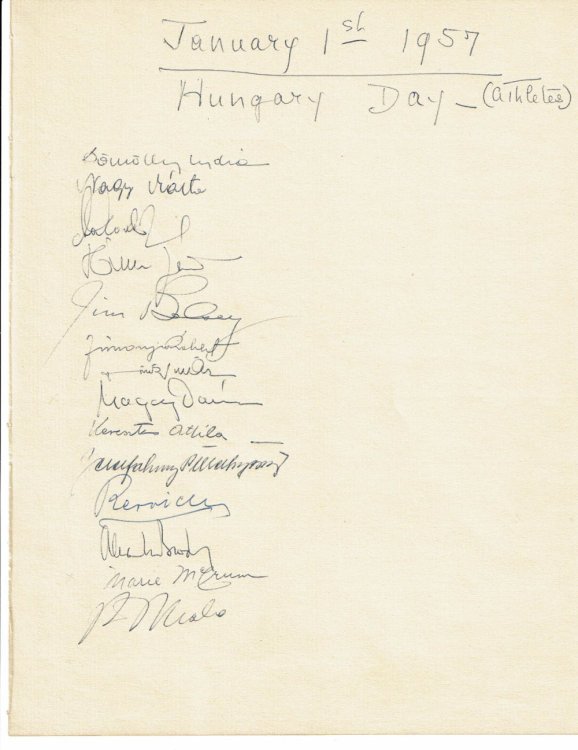 [HUNGARIAN OLYMPIC ATHLETES' FREEDOM TOUR]: AUTOGRAPHS of 14 HUNGARIAN ATHLETES AND THEIR SPONSORS attending a Dinner Party hosted by Charles Douglas Jackson and his wife Grace Bristed Jackson at the Dakota in New York City in honor of the DEFECTING HUNGARIAN OLYMPIC ATHLETES