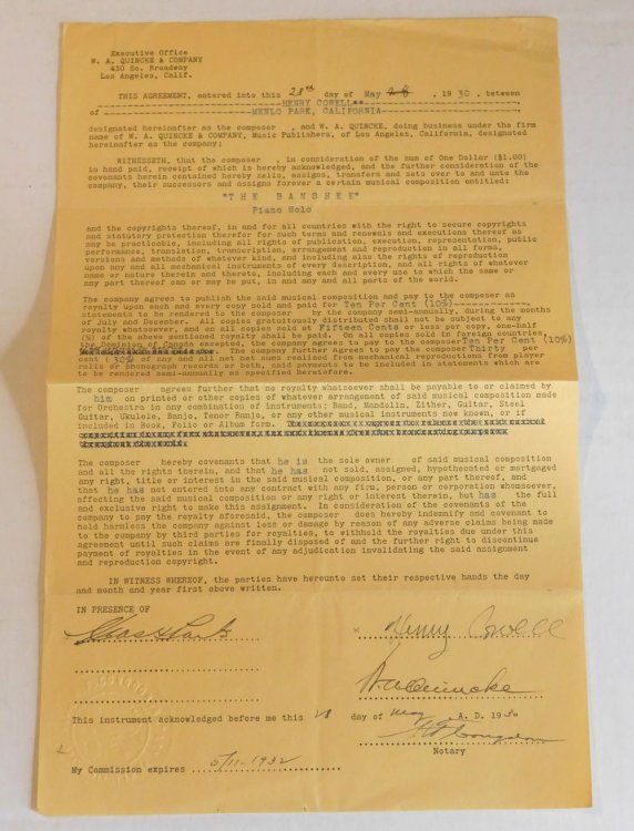 TYPED CONTRACT for the first publication of HENRY COWELL'S classic composition 