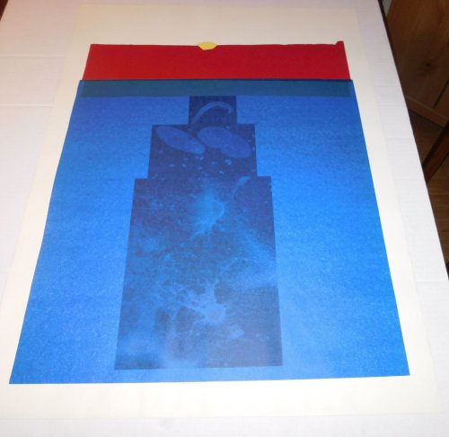 AN ORIGINAL LITHOGRAPHIC COLLAGE of a sun rising over an abstract image, consisting of patterns lithographed on layers of tissue laid on watermarked art paper SIGNED AND DATED by the artist DWIGHT DAYMAN on the verso.