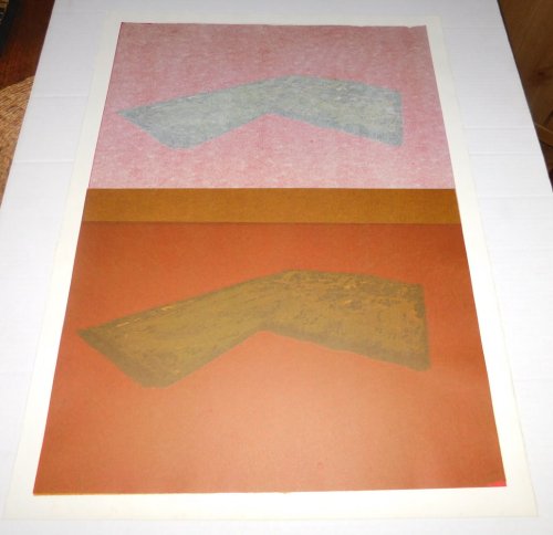 AN ORIGINAL LITHOGRAPHIC COLLAGE of abstract boomerang-shaped lithographic images over layers of colored tissue laid on watermarked art paper SIGNED AND DATED by the artist DWIGHT DAYMAN on the verso.