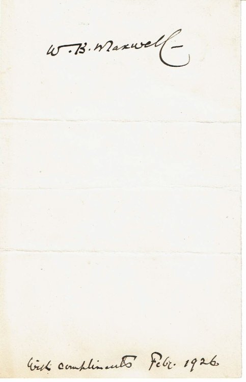 A SHEET OF NOTE PAPER INSCRIBED AND SIGNED BY BRITISH NOVELIST W. B. MAXWELL.