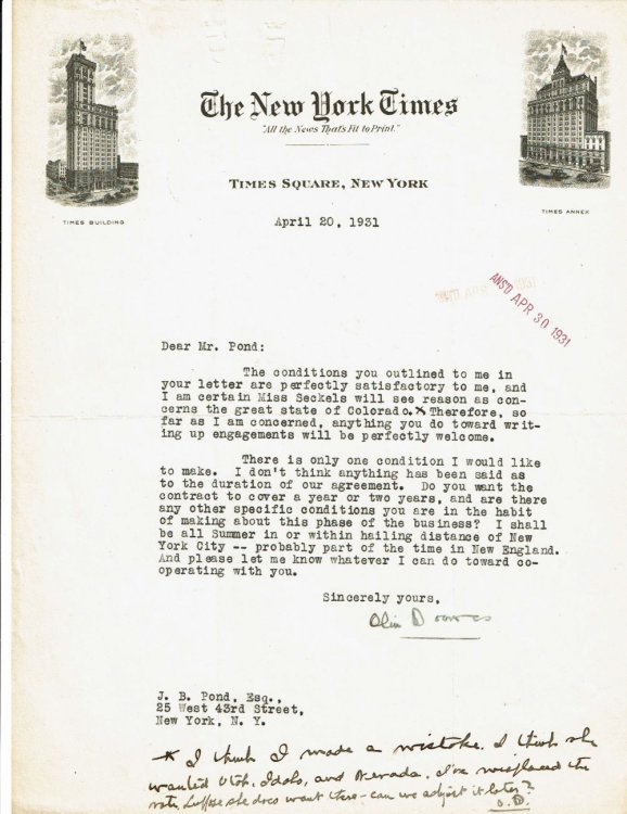 TYPED LETTER TO J. B. POND ABOUT A LECTURE TOUR SIGNED BY NEW YORK TIMES MUSIC CRITIC OLIN DOWNES. Together with a copy of Pond's reply and a further reply from Downes' secretary.