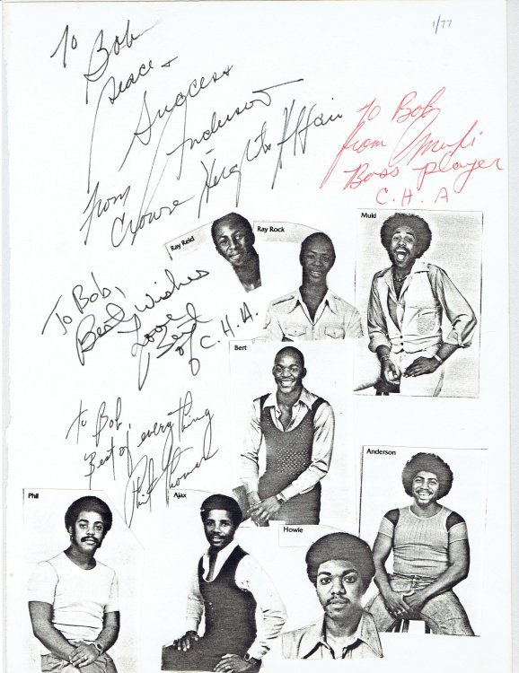 CROWN HEIGHTS AFFAIR. Photocopy collage inscribed and signed by members of the Brooklyn disco and soul/funk group William Anderson, Muki Wilson, Bert Reid and Phil Thomas.