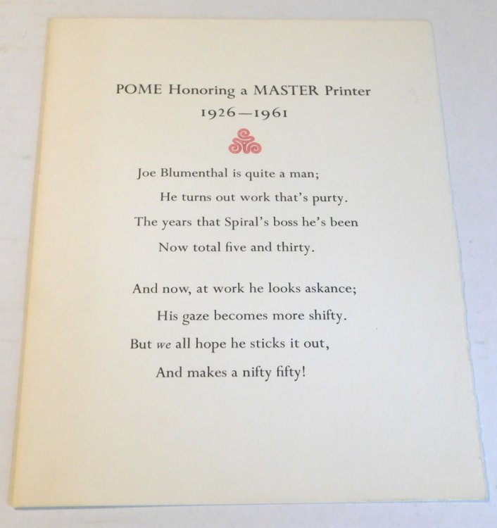 POME HONORING A MASTER PRINTER 1926-1961. [A keepsake commemorating Joseph Blumenthal's 35th anniversary as a printer, most likely printed at the Spiral Press].