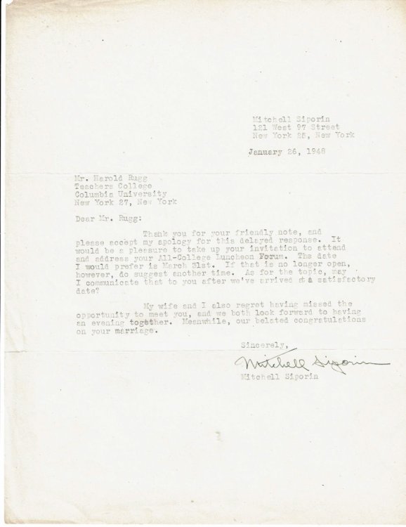 TYPED LETTER TO EDUCATOR HAROLD RUGG SIGNED BY SOCIAL REALIST AMERICAN PAINTER MITCHELL SIPORIN.
