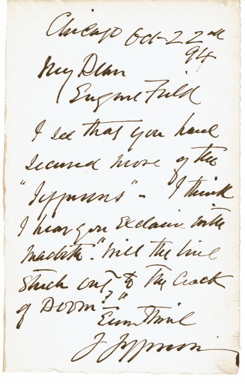 AUTOGRAPH LETTER SIGNED by the 19th Century American Actor JOSEPH JEFFERSON to the author & poet EUGENE FIELD.