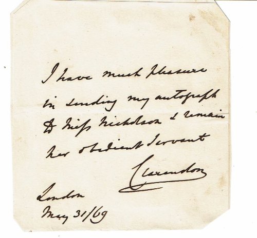AUTOGRAPH NOTE SIGNED by the ENGLISH DIPLOMAT GEORGE VILLIERS, 4TH EARL OF CLARENDON.
