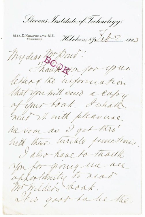 AUTOGRAPH LETTER SIGNED by the PRESIDENT of STEVENS INSTITUTE OF TECHNOLOGY ALEXANDER CROMBIE HUMPHREYS.