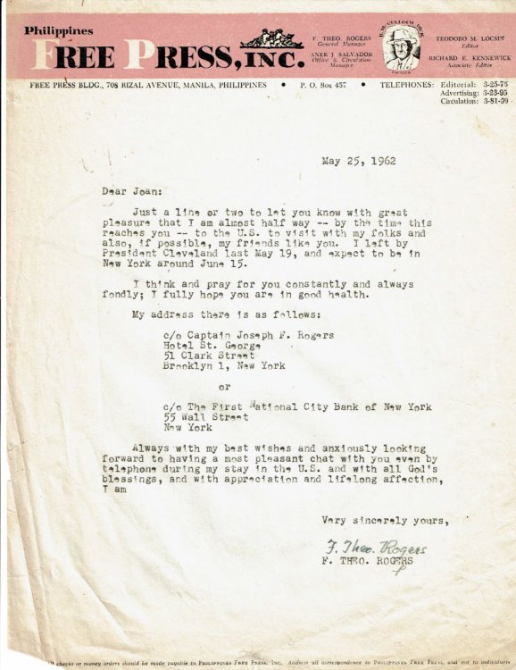 TYPED LETTER SIGNED by the Philippines Free Press General Manager F. THEO ROGERS on the paper's stationery.