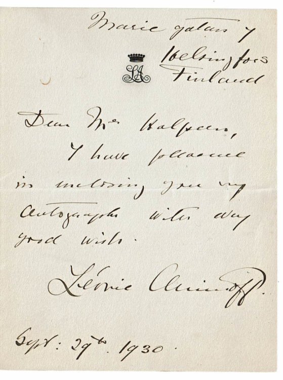 AUTOGRAPH NOTE SIGNED by the Multilingual Finnish Author LEONIE AMINOFF.