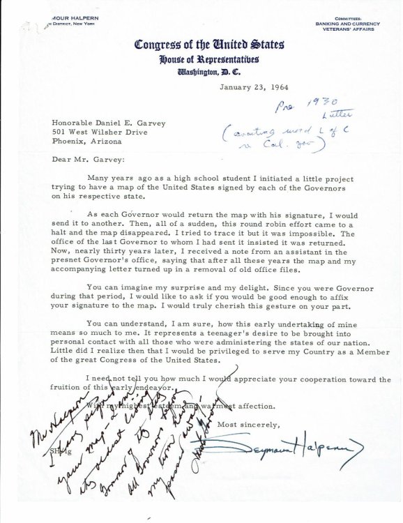 AN AUTOGRAPH NOTE SIGNED by the former Governor of Arizona DAN EDWARD GARVEY, penned at the bottom of a TYPED LETTER SIGNED by Congressman SEYMOUR HALPERN.