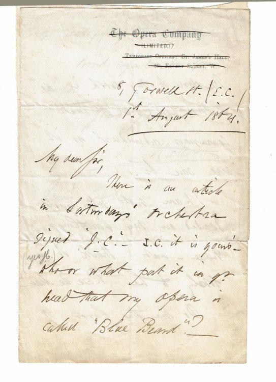 AUTOGRAPH LETTER SIGNED by the English Composer, Conductor & Pianist JOHN LIPTROT HATTON mentioning his, as yet unnamed, composition Rose, or Love's Ransom.