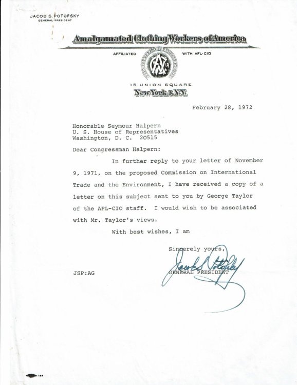 TYPED LETTER SIGNED by the President of the Amalgamated Clothing Workers of America JACOB POTOFSKY.