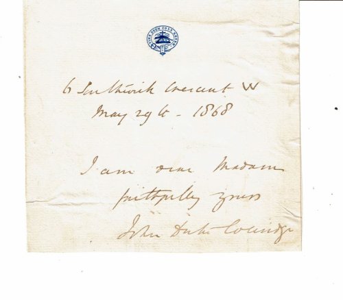 AUTOGRAPH NOTE SIGNED by the English Lawyer, Liberal Politician and Chief Justice of England JOHN COLERIDGE, 1ST BARON COLERIDGE.