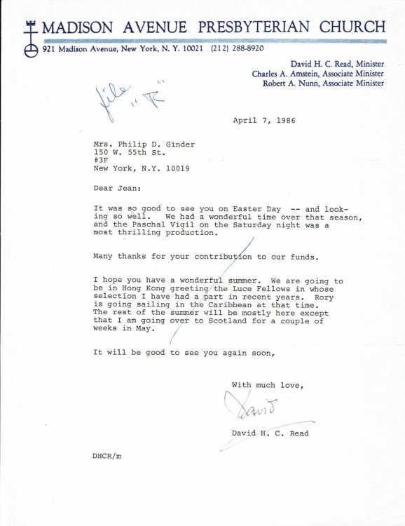TYPED LETTER SIGNED by the Pastor of the Madison Avenue Presbyterian Church DAVID H.C. READ.