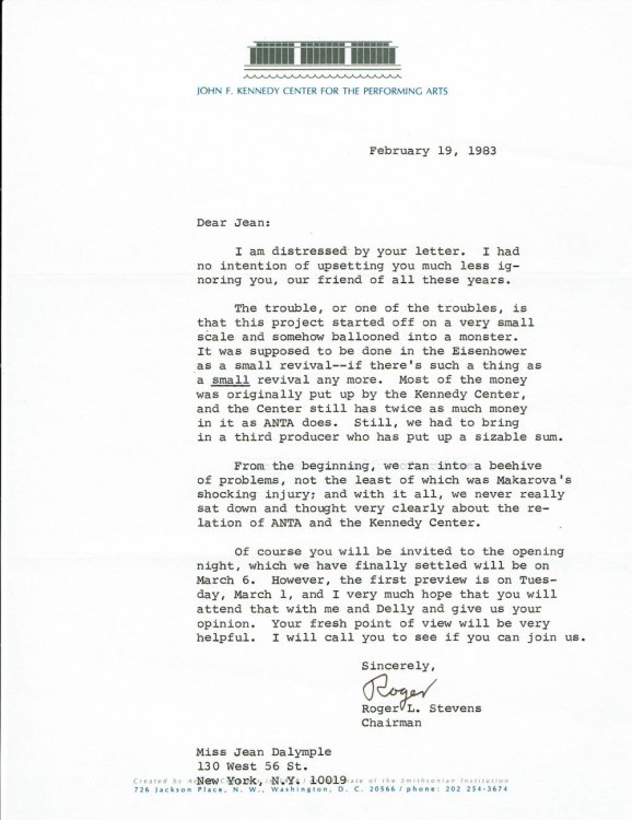 An apologetic TYPED LETTER SIGNED by the American Theater Producer ROGER L. STEVENS, as Chairman of the Kennedy Center for the Performing Arts, apologizing to Jean Dalrymple who was apparently upset about being left out of the loop in the production of a Revival.