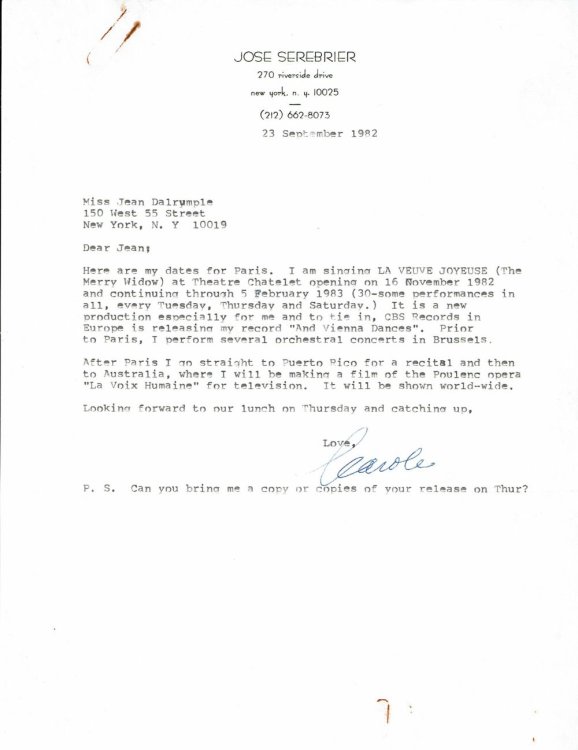 TYPED LETTER SIGNED by the American Soprano CAROLE FARLEY to her friend and press agent Jean Dalrymple mentioning her forthcoming performances of 