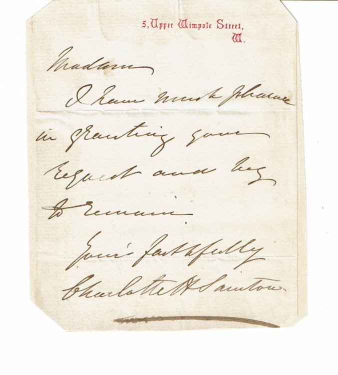 AUTOGRAPH NOTE SIGNED by the English contralto, composer and singing teacher CHARLOTTE SAINTON-DOLBY.