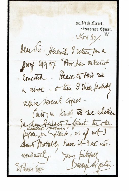 AUTOGRAPH LETTER SIGNED by the English Politician SIR BALDWYN LEIGHTON, 8TH BARONET addressed to the British Barrister and Historian EDWARD PEARS.