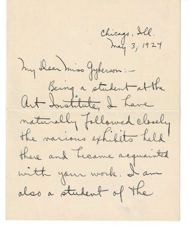 AUTOGRAPH NOTE SIGNED by the American Painter INDIANA GYBERSON diagonally penned at the end of a letter by Fridolf Johnson requesting a sample of her handwriting.