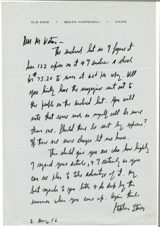 AUTOGRAPH LETTER SIGNED by the American Realist Painter STEPHEN ETNIER to Ernest W. Watson, editor emeritus of American Artist magazine.