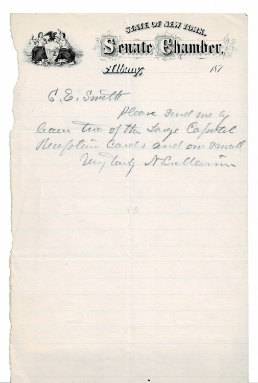 AUTOGRAPH NOTE SIGNED by New York State Senator NATHANIEL C. MARVIN.