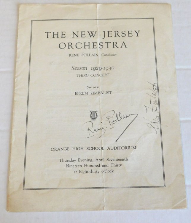 THE NEW JERSEY ORCHESTRA, Rene Pollain, Conductor. Season 1929-1930 Third Concert. Soloist Efrem Zimbalist. Orange High School Auditorium. [ORIGINAL CONCERT PROGRAM SIGNED by EFREM ZIMBALIST & RENE POLLAIN].