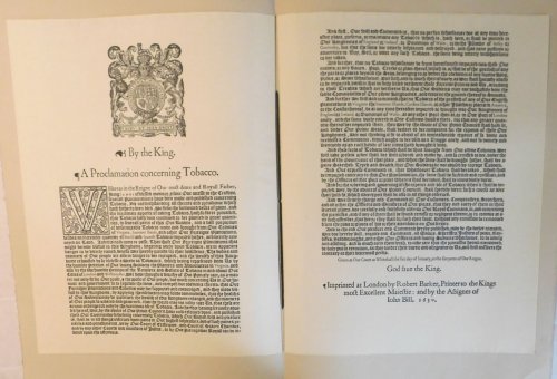 KING CHARLES I & THE TOBACCO TRADE; THE PROCLAMATION OF JANUARY 6, 1630-31. Reproduced to honor the service of Martha W. Hiden to the Virginia State Library as a member of its Board. Edited by Randolph W. Church, State Librarian.