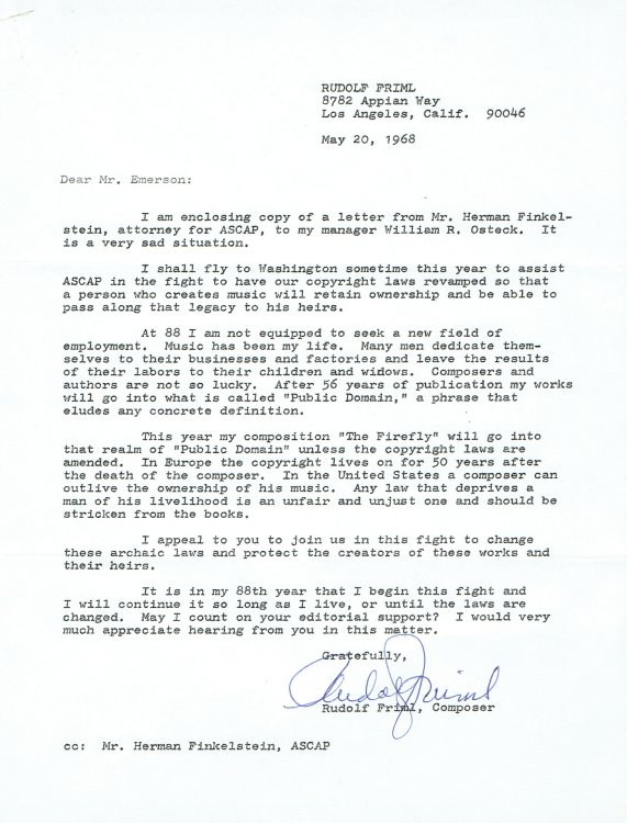 FORM LETTER SIGNED by RUDOLF FRIML pleading for changes in the copyright laws.