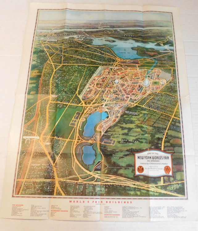 [A LARGE COLOR BIRD'S EYE VIEW MAP of the WORLD'S FAIR BUILDINGS & surroundings, including the Isle of Manhattan]: 