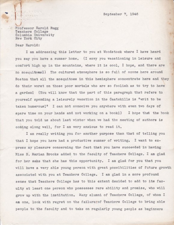 TYPED LETTER TO HAROLD RUGG OF COLUMBIA UNIVERSITY'S TEACHERS COLLEGE SIGNED BY HARRY A. BROWN, SUPERINTENDENT OF SCHOOLS, NEEDHAM, MASS.