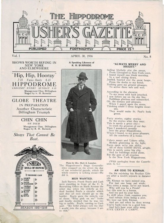 THE HIPPODROME USHER'S GAZETTE. Vol. 1, No. 8. April 30, 1916.