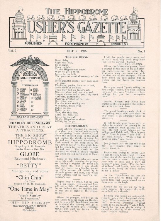 THE HIPPODROME USHER'S GAZETTE. Vol. 2, No. 4. Oct. 21, 1916.