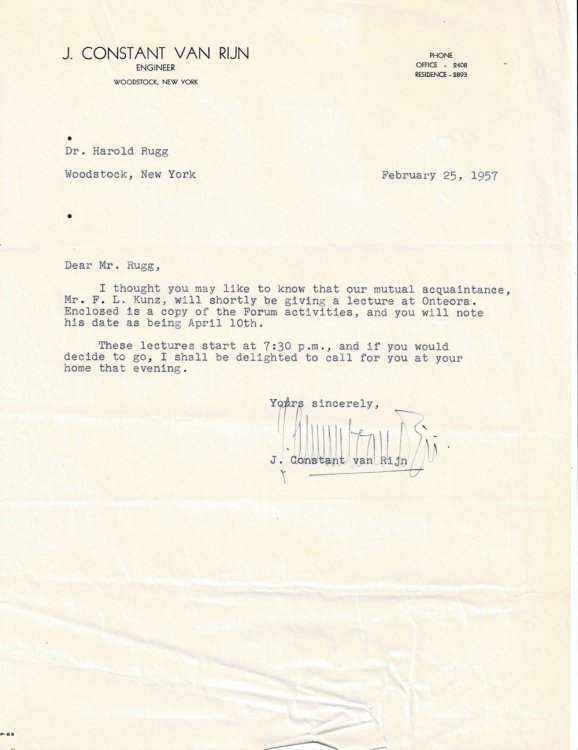 TYPED LETTER SIGNED by the Dutch engineer and refugee J. CONSTANT VAN RIJN who settled in Woodstock, NY during WWII and went on to found ROTRON.