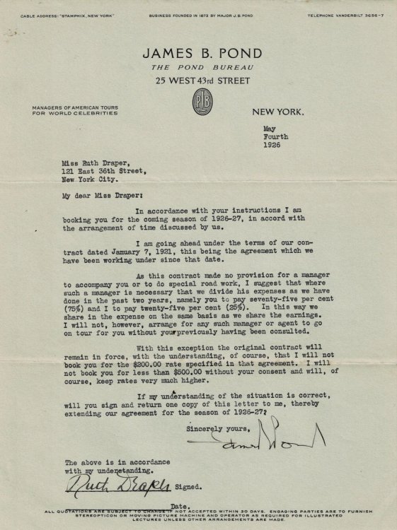 TYPED DOCUMENT SIGNED by the actress and dramatic monologist RUTH DRAPER, renewing her contract with James B. Pond of The Pond Bureau.