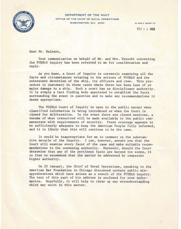 A TWO-PAGE TYPED LETTER SIGNED by REAR ADMIRAL ALLAN FOSTER FLEMING regarding the investigation into the capture of the USS PUEBLO by North Korea which precipitated the 
