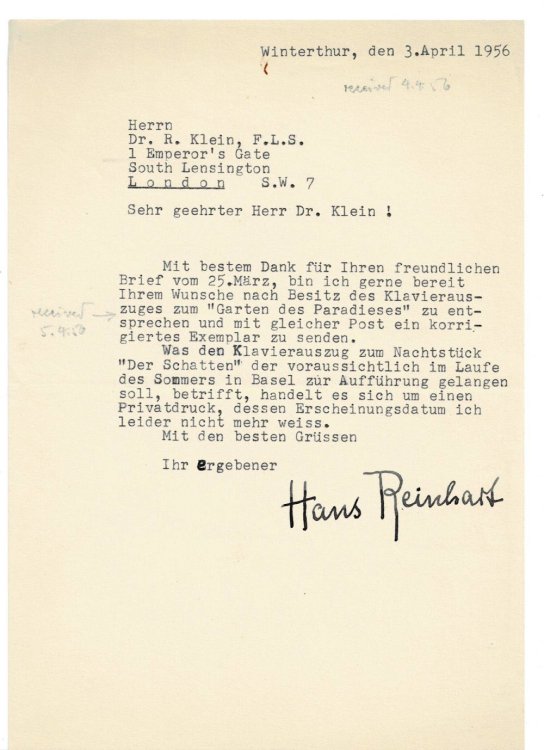 TYPED LETTER SIGNED BY HANS REINHART to renowned collector of Hans Christian Andersen Dr. Richard Klein, REGARDING 2 OF HIS ANDERSEN RELATED CREATIONS.
