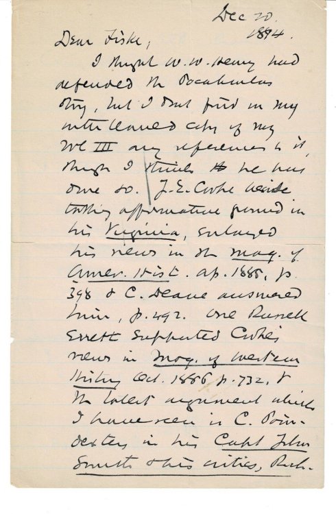 Historian JUSTIN WINSOR writes to historian JOHN FISKE sending bibliographical information regarding the 