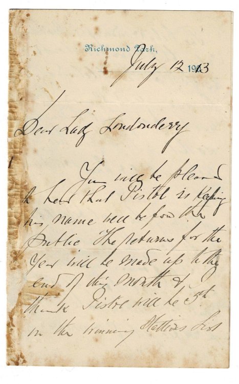 4-page AUTOGRAPH LETTER SIGNED: JAMES HENRY ALDRIDGE, Famed Australian Horse Breeder, WRITES TO LADY LONDONDERRY, from whom he purchased the GREAT SIRE PISTOL, regarding Pistol's successful progeny.