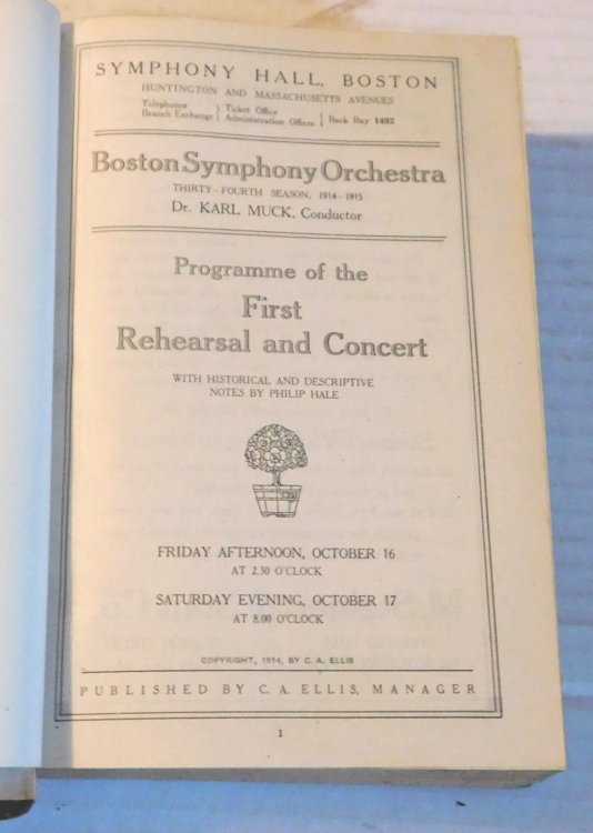BOSTON SYMPHONY ORCHESTRA PROGRAMMES FOR THE 1914-1915 SEASON. Dr. Karl Muck, conductor. With Historical and Descriptive Notes by Philip Hale. (24 issues bound in one volume).