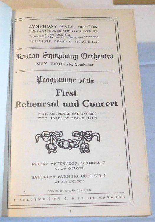 BOSTON SYMPHONY ORCHESTRA PROGRAMMES FOR THE 1910-1911 SEASON. Max Fiedler, conductor. With Historical and Descriptive Notes by Philip Hale. (24 issues bound in one volume).