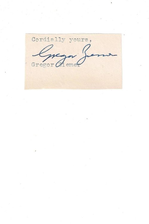 AUTOGRAPH: SIGNATURE of American educator and writer GREGOR ZIEMER who served as the headmaster of the American School in Berlin during the 1930's.