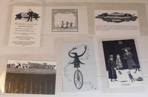[POSTCARDS]. A Collection of 6 Postcards with Edward Gorey illustrations issued by Gotham Book Mart & Gallery in New York City, four promoting publication of new books and two promoting exhibitions.