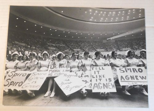 ORIGINAL WHITE HOUSE PHOTOGRAPH of the audience of 10,000 gathered to support Vice President SPIRO T. AGNEW in Memphis, with nurses seated in the first several rows.