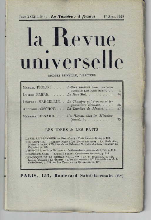 UN HOMME CHEZ LES MICROBES: SCHERZO, together with the FIRST EDITION IN FRENCH of PORGY, both serialized in LA REVUE UNIVERSELLE 1928. [Complete year consisting of 24 semimonthly issues of the Journal.]