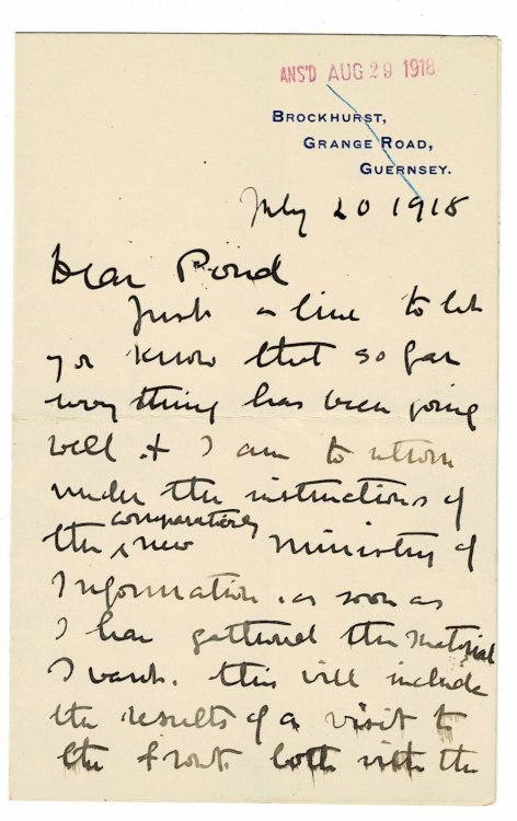 AUTOGRAPH LETTER BY ARTHUR RADCLYFFE DUGMORE, 3-pages addressed to American lecture manager James Pond concerning a visit to the fronts of the American and British forces in France during World War 1.