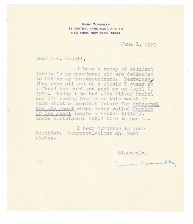 TYPED LETTER SIGNED by Marc Connelly regarding a musical score by Henry Cowell for Connelly's play 